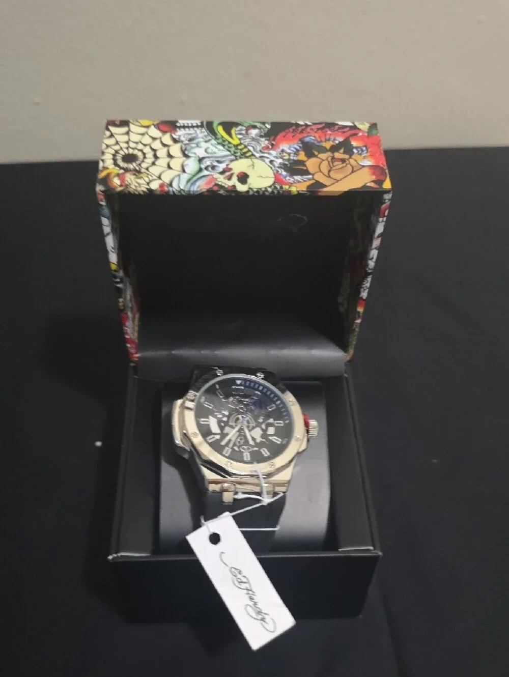 Ed Hardy Men's Silver Case Watch with Black Dial and Black Strap